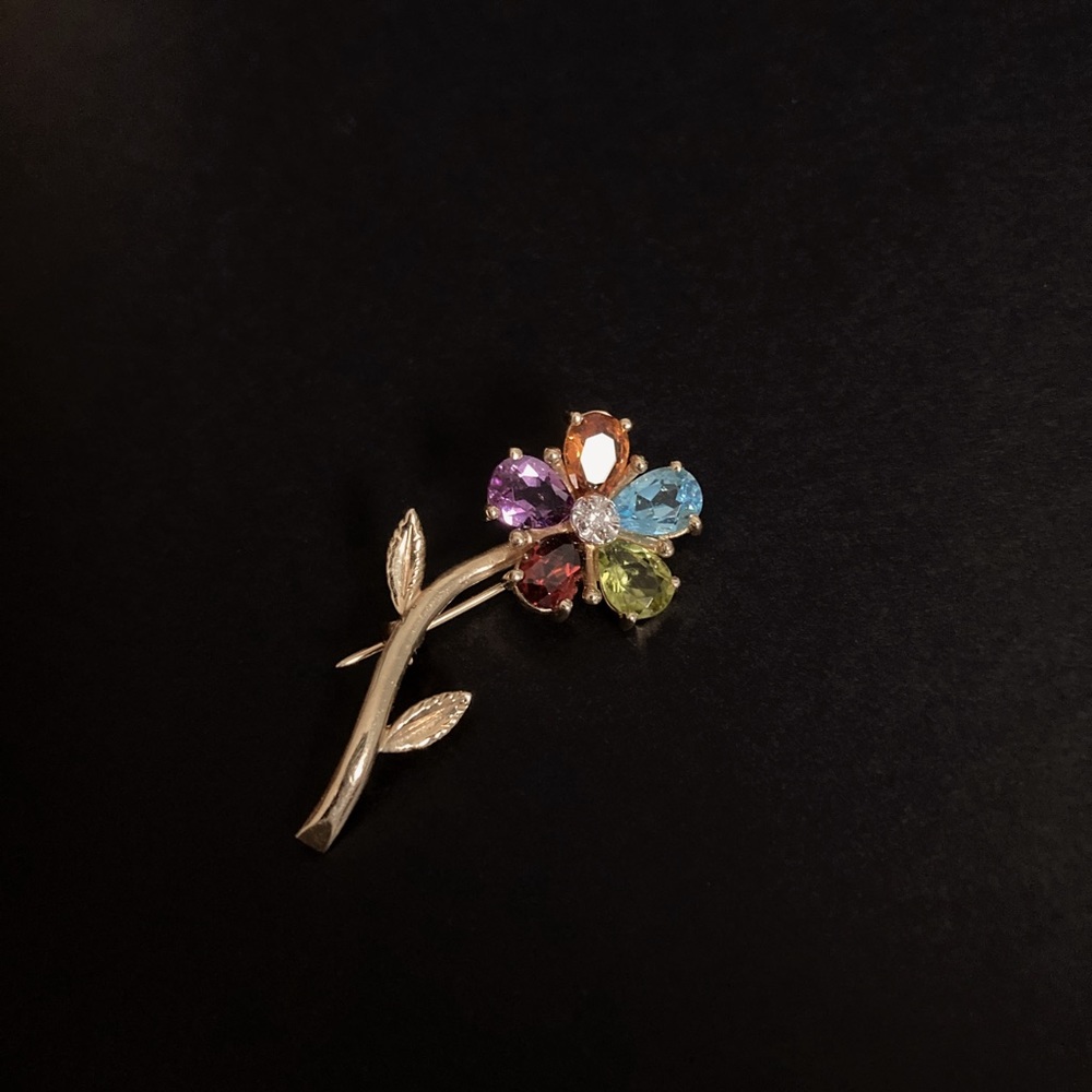 Vintage 14k Yellow Gold Multi Gem Stone Flower Brooch